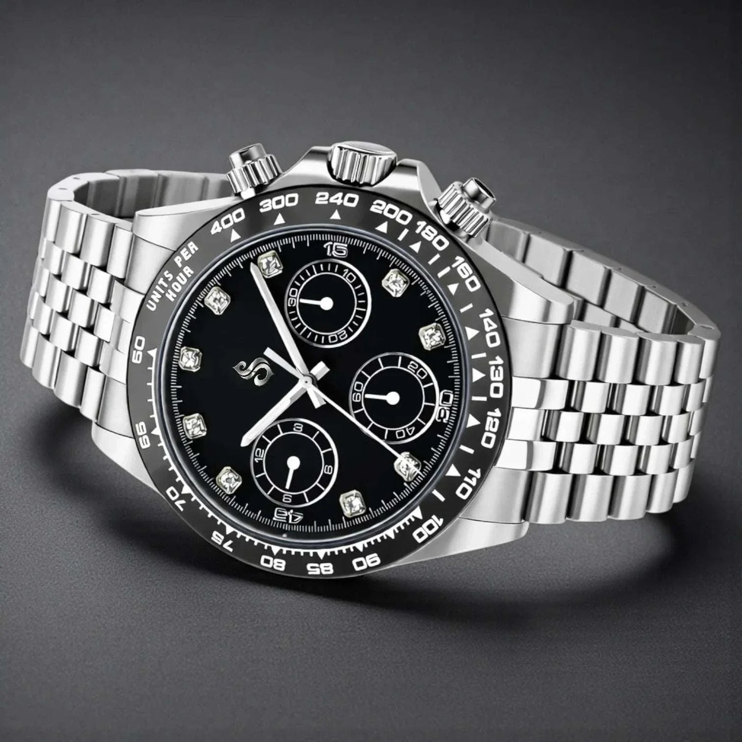 Seiko Mod Seitona luxury chronograph watch with black diamond dial and silver stainless steel case