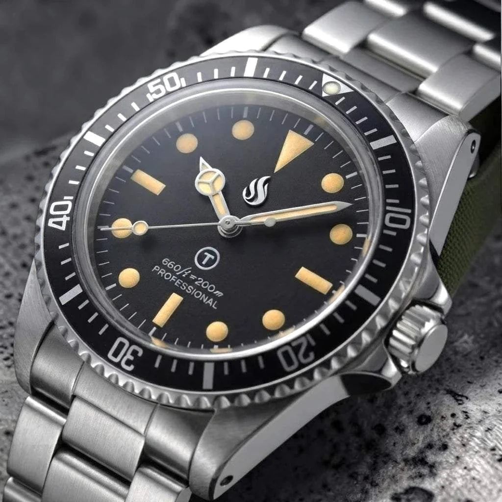 Seiko Mod Submariner Vintage Black Dial Watch with nato strap or stainless steel bracelet by Modtime Creations 
