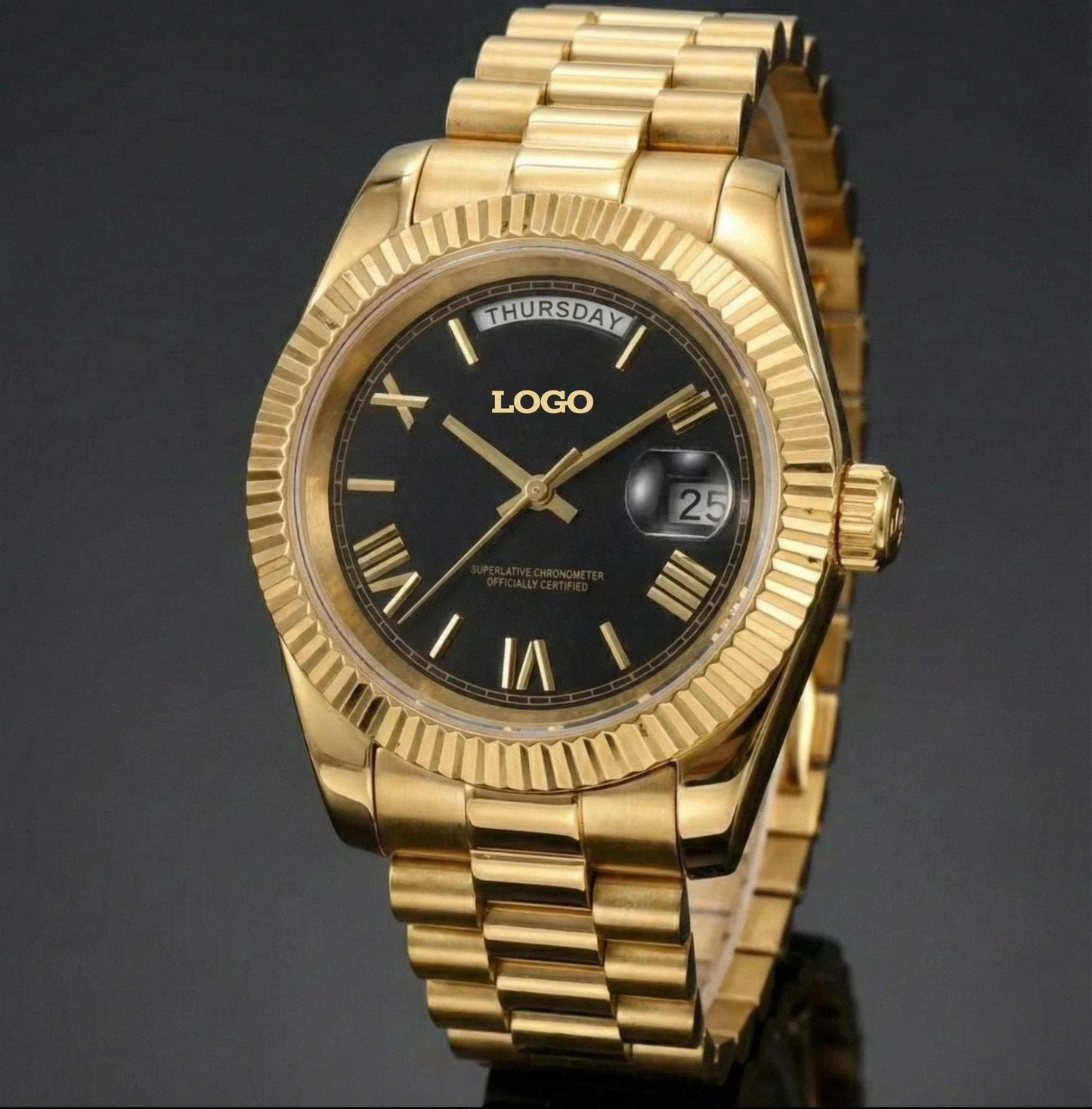 Modded Seiko luxury watch with black gold dial and Roman numeral markers from Modtime