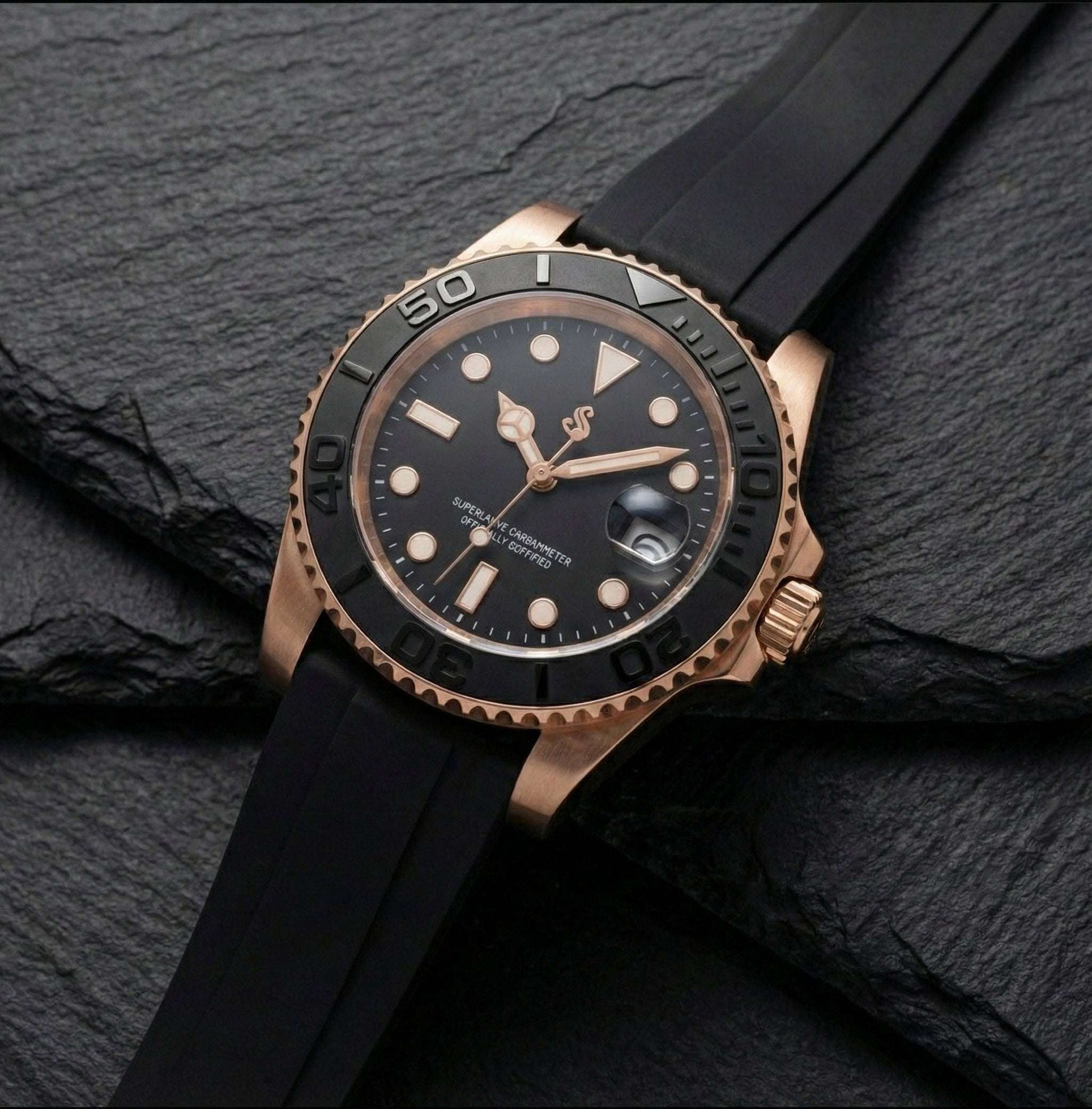 Modded Seiko Black Rose Gold Diver watch by Modtime Creations with NH35 automatic movement and sapphire crystal