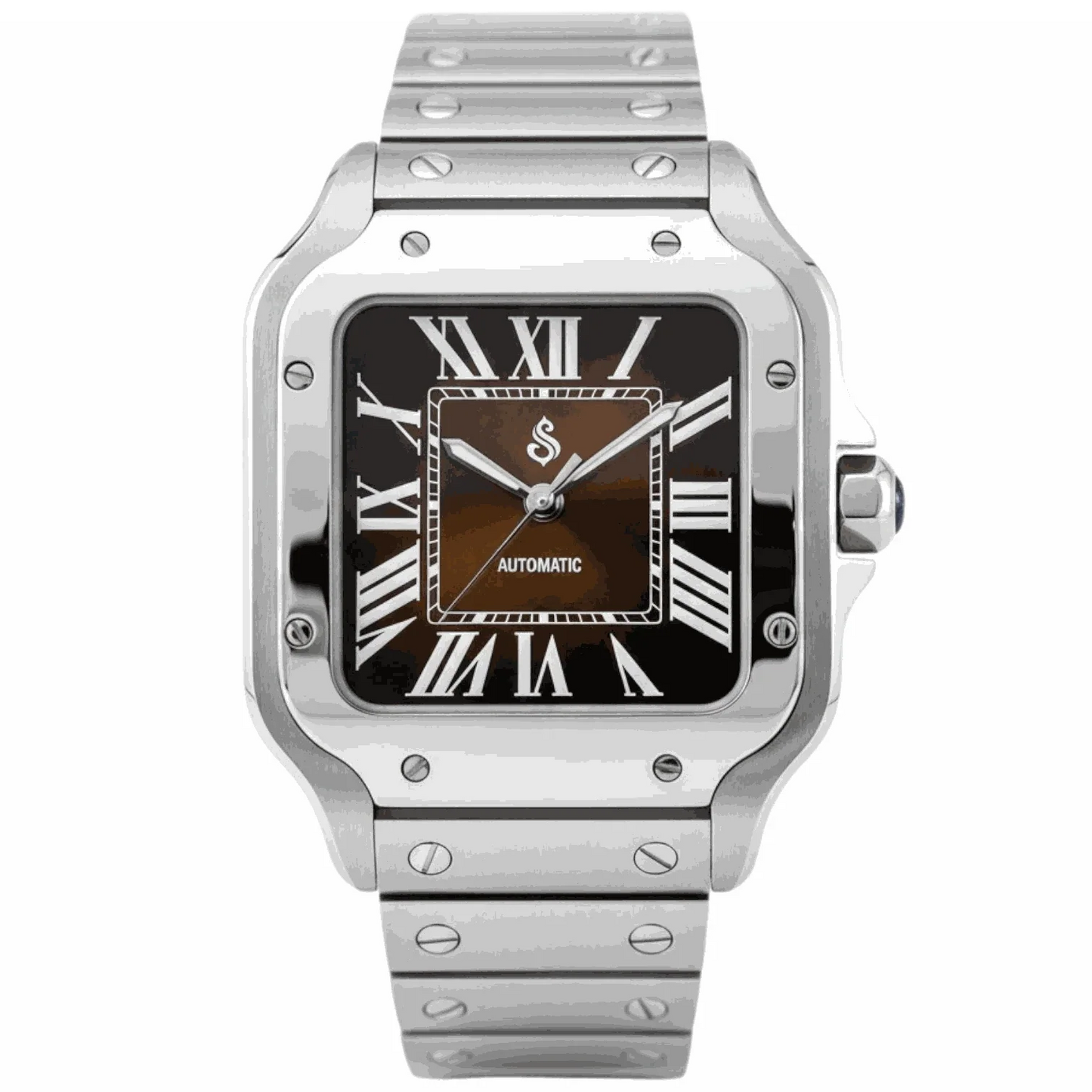 Santeiko Silver Case Seiko Mod watch with chocolate brown dial and stainless steel bracelet