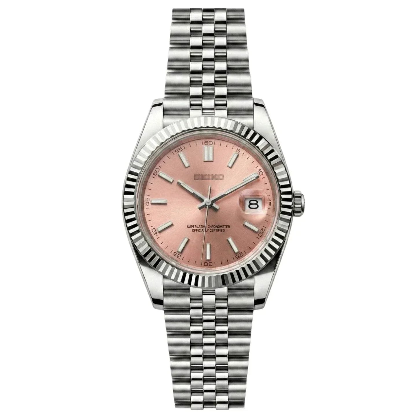 SeikJust luxury Seiko Mod watch with pink salmon dial and date window by Modtime Creations