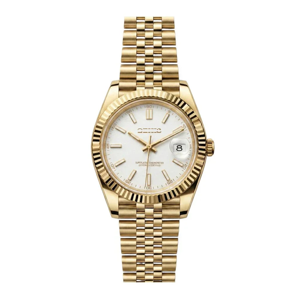 SeikJust Date Window gold white dial watch with NH35 automatic movement by Modtime Creations Seiko Mod