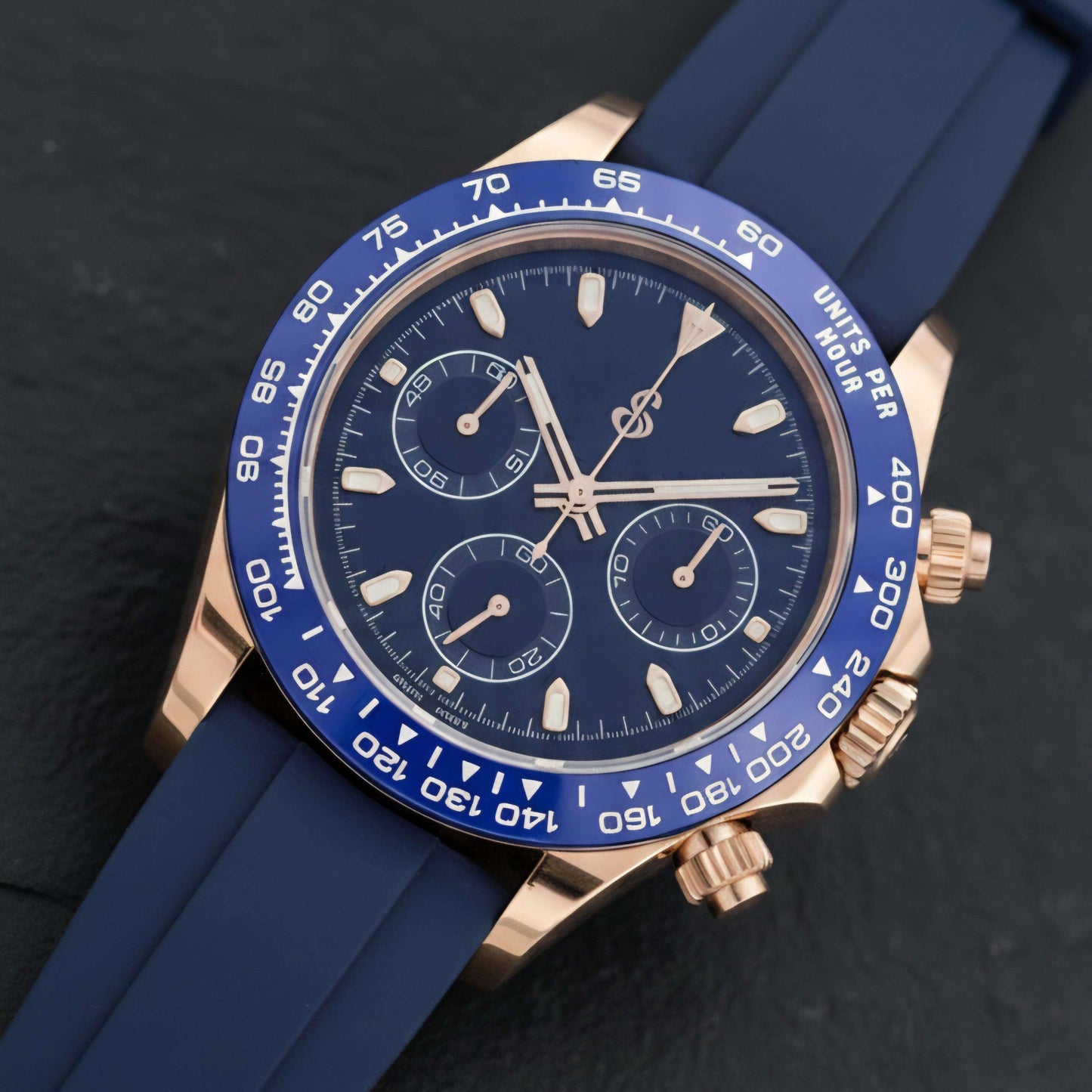 Seitona rose gold Seiko mod watch with dark blue dial and ceramic bezel
