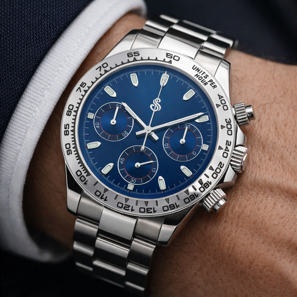 Seitona silver case Seiko Mod watch with dazzling blue dial and VK63 hybrid chronograph movement