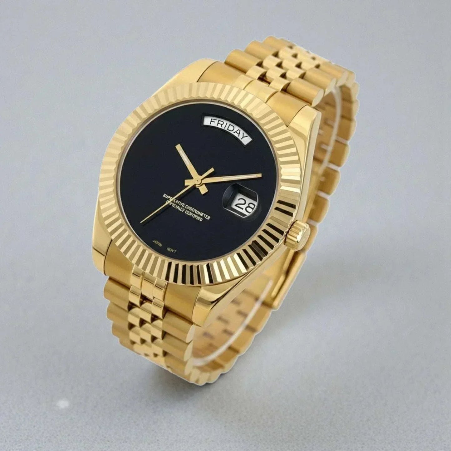 Seiko Mod Day & Date luxury watch with black and gold design by Modtime Creations