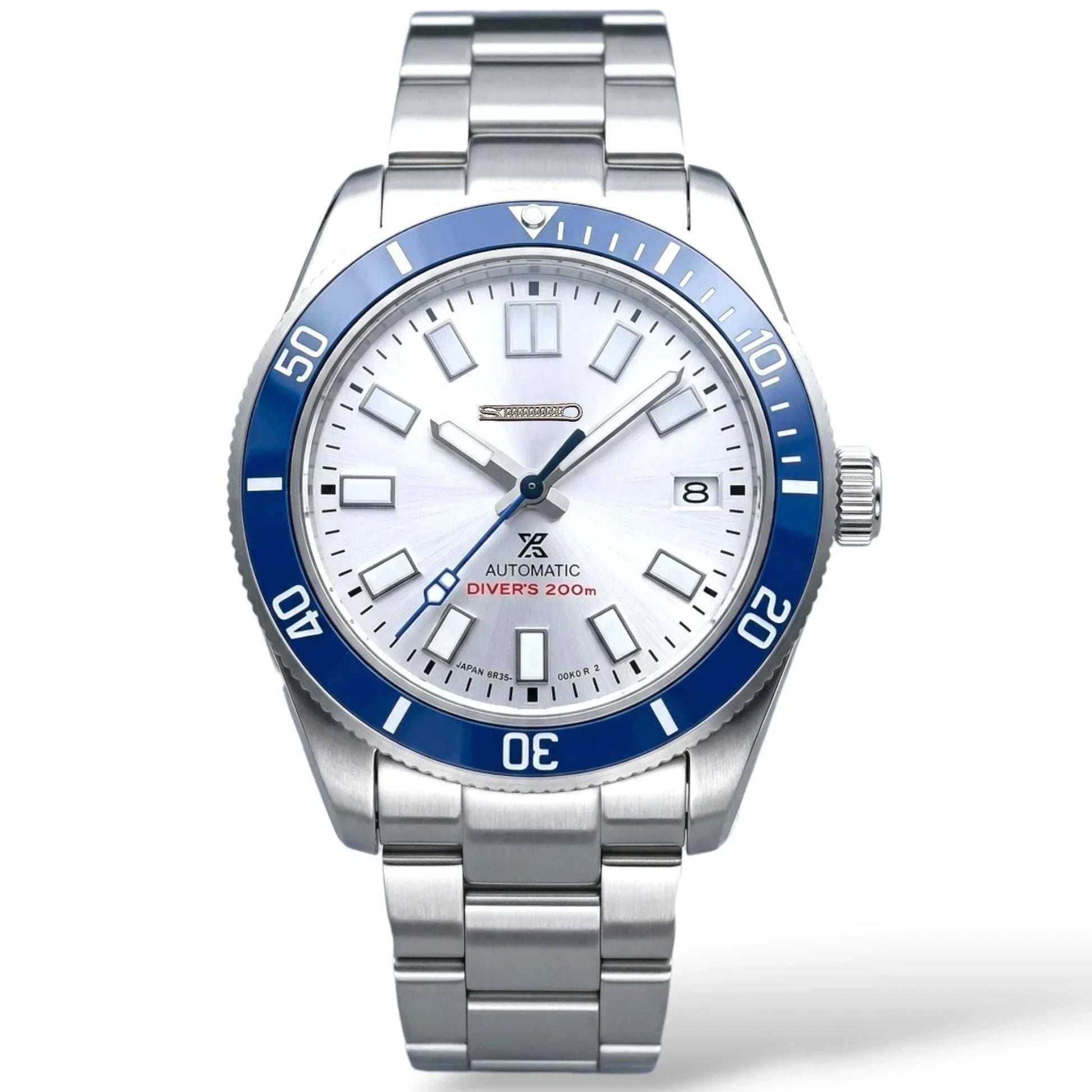 Seiko Mod watches Tudor Pelagos submariner fusion with Blue Bezel and white dial built by Modtime Creations 
