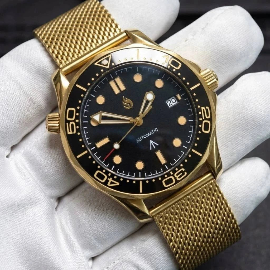 Black Dial Black Gold Bezel 007 Master Mod Watch - Modtime Creations