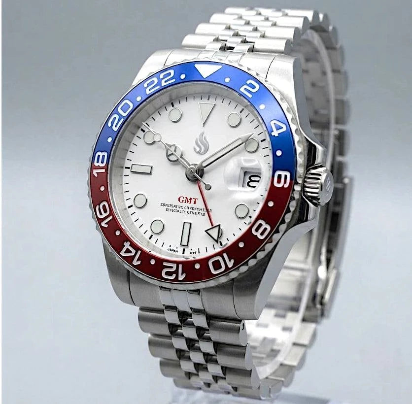 Seiko mod watches Submariner GMT red blue "Superman" built by Modtime Creations 