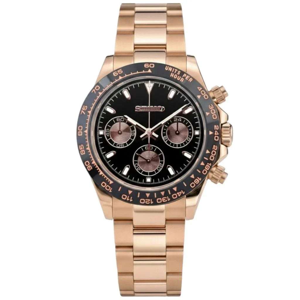 Seitona rose gold Seiko mod watch with black dial and bezel by Modtime