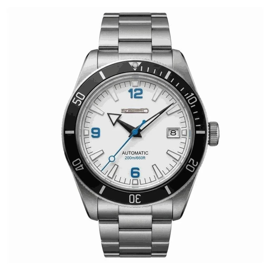 Seiko Mod Seamaster Tudor Fusion watch with a white dial and blue numbers by Modtime Creations 