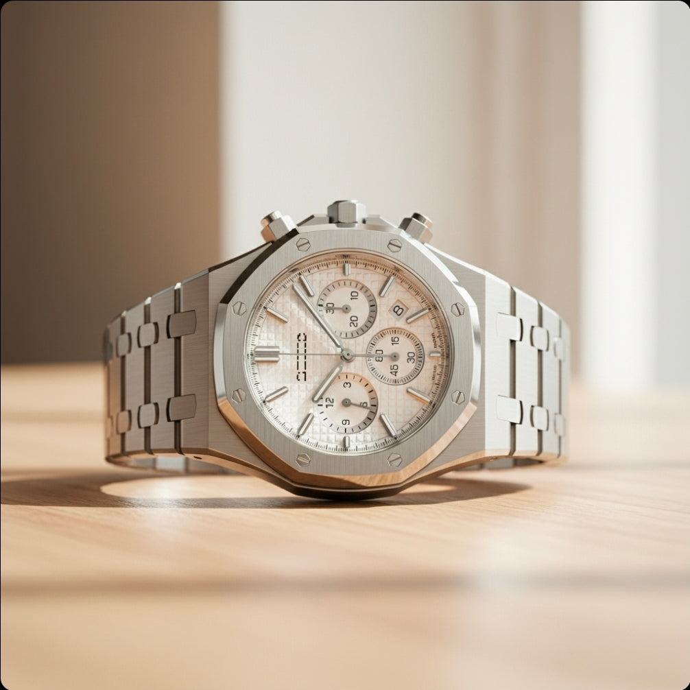 Modded Seiko Heritage Oak chronograph watch with white dial and stainless steel bracelet