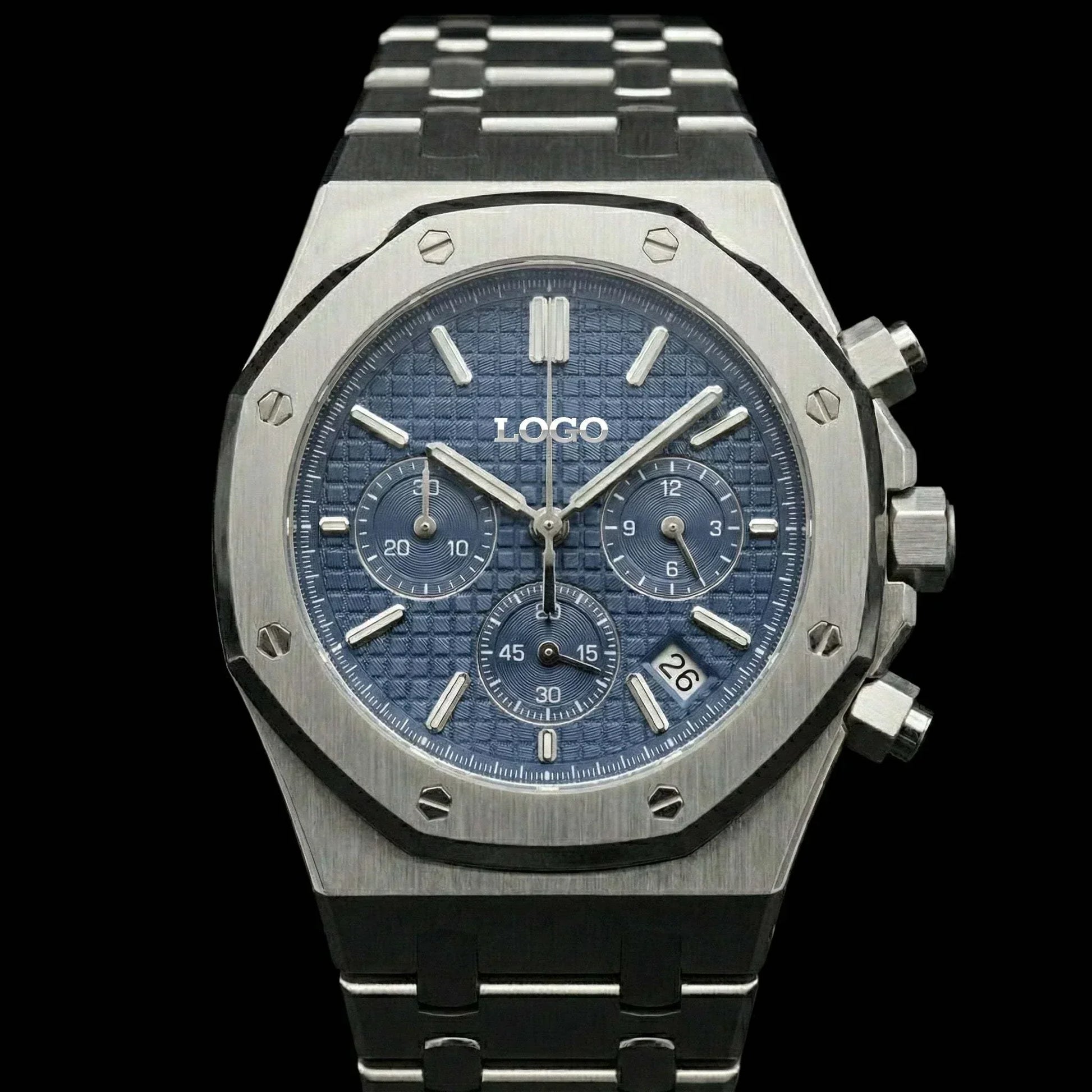 Modded Seiko Heritage Oak chronograph blue dial watch with stainless steel bracelet and ceramic bezel