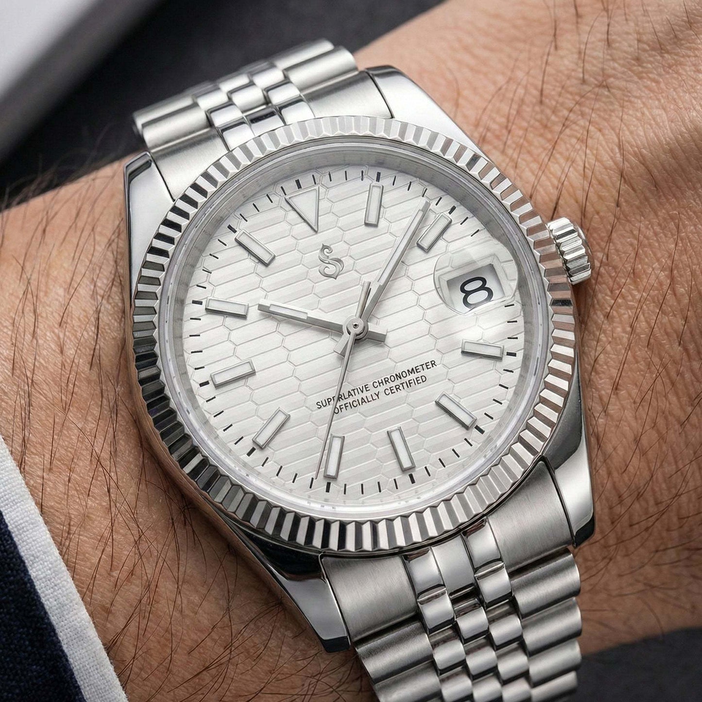 SeikJust white honeycomb dial Seiko mod with date window by Modtime Creations