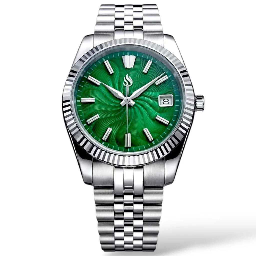 Seiko mod watches datejust green Guilloche dial with Stainless-Steel Bracelet by Modtime Creations 