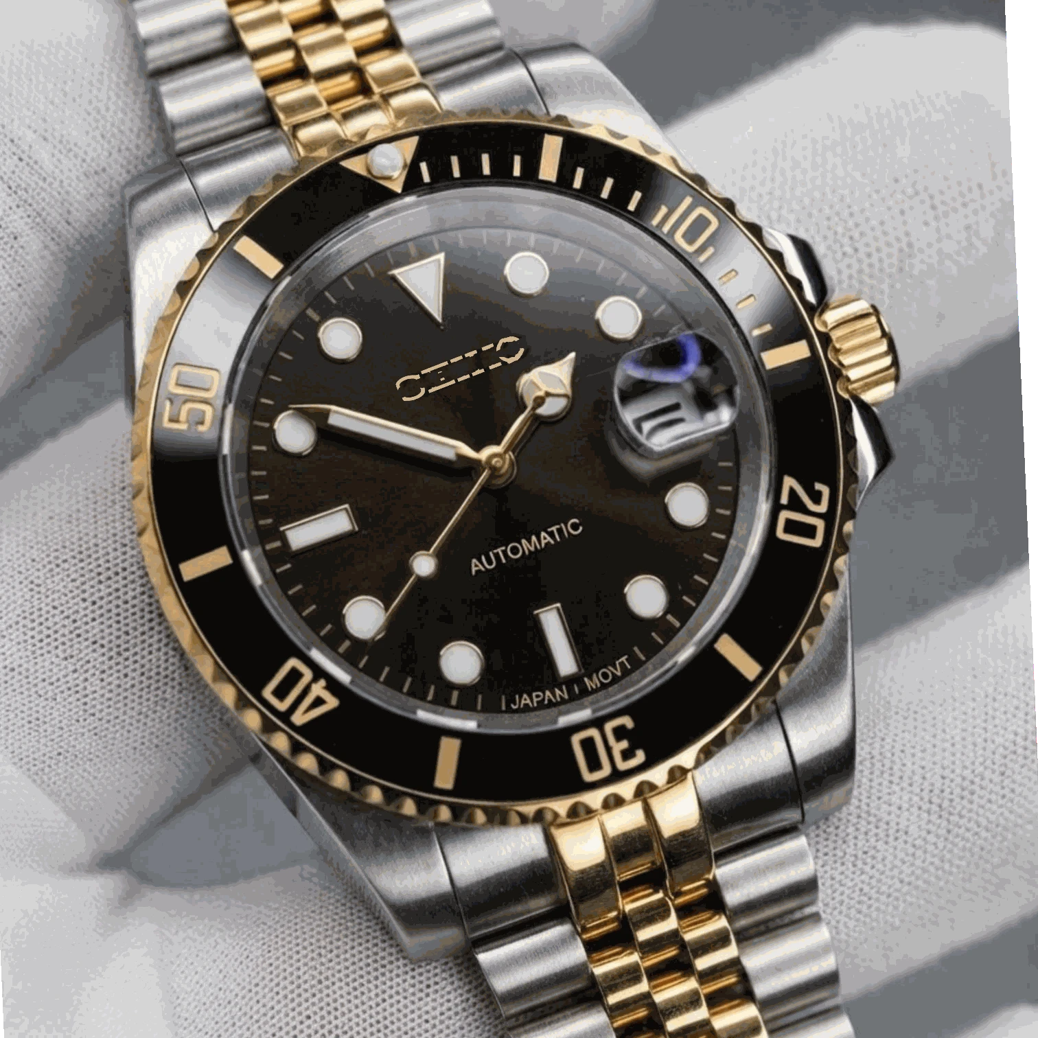 Seiko Mod Watches Submariner Black Gold two-tone diver watch with sapphire crystal and stainless steel case