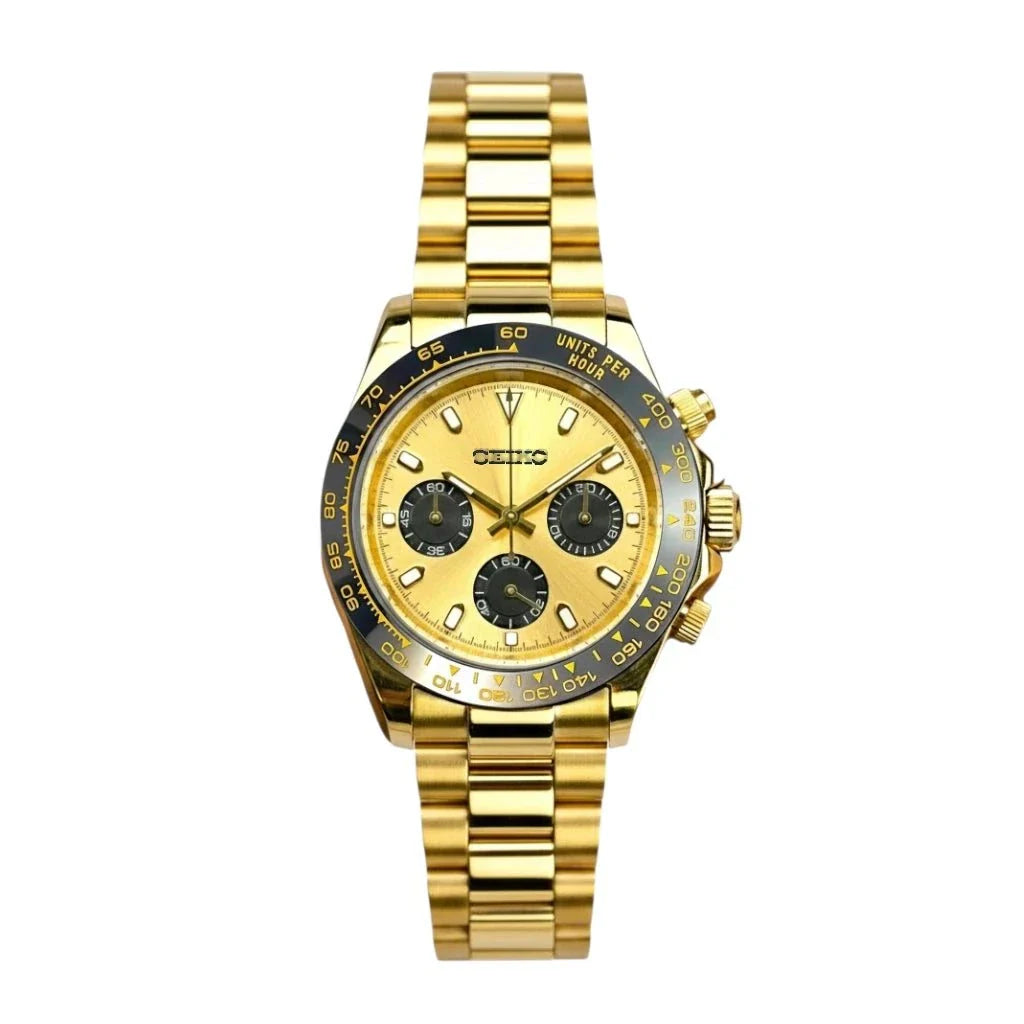 Seitona Gold case Seiko Mod watch with gold black dial and VK63 hybrid movement