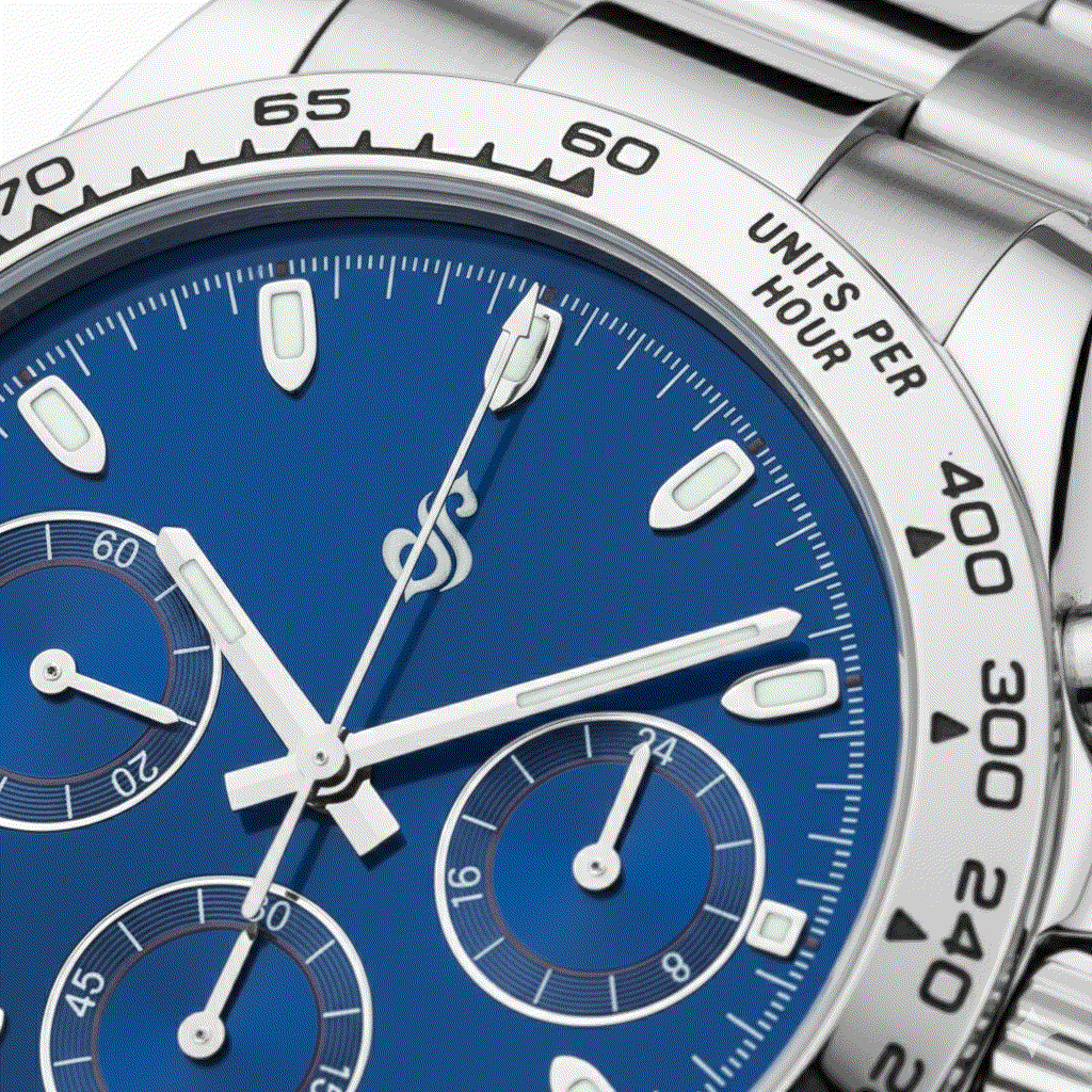 Seitona Seiko Mod watch with silver case and dazzling blue dial, VK63 hybrid chronograph