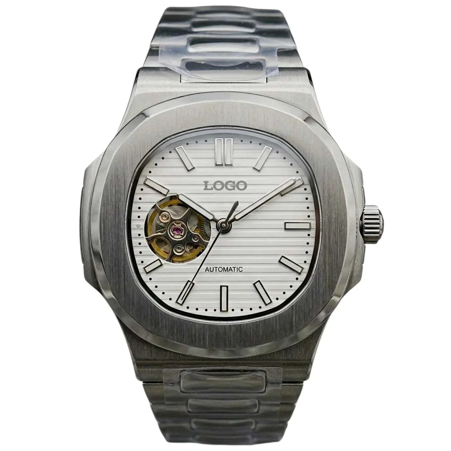 Seiko Mod Nautilus open-heart white dial luxury watch with stainless steel bracelet and sapphire crystal
