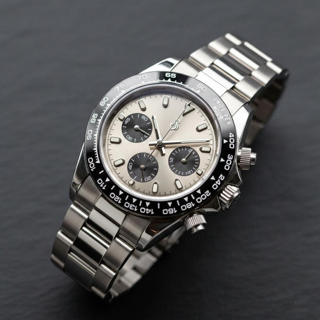 Seitona Silver Black Dial Chronograph wristwatch with Seiko Mod VK63 hybrid movement and stainless steel bracelet