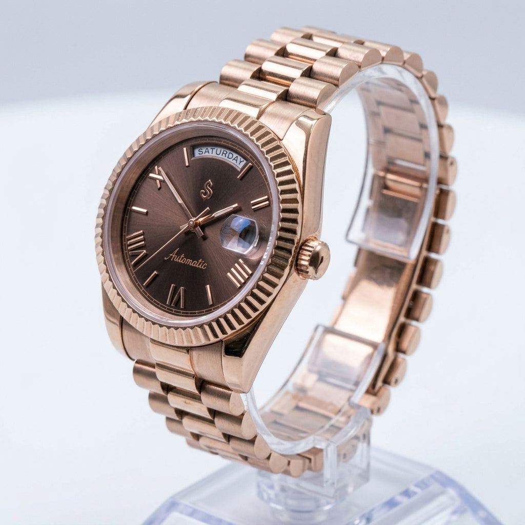Modtime Creations modded Seiko watch with rose gold case and chocolate dial, day and date display