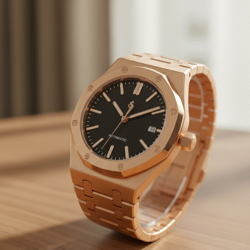Seiko mod Heritage Oak rose gold watch with black dial and sapphire crystal