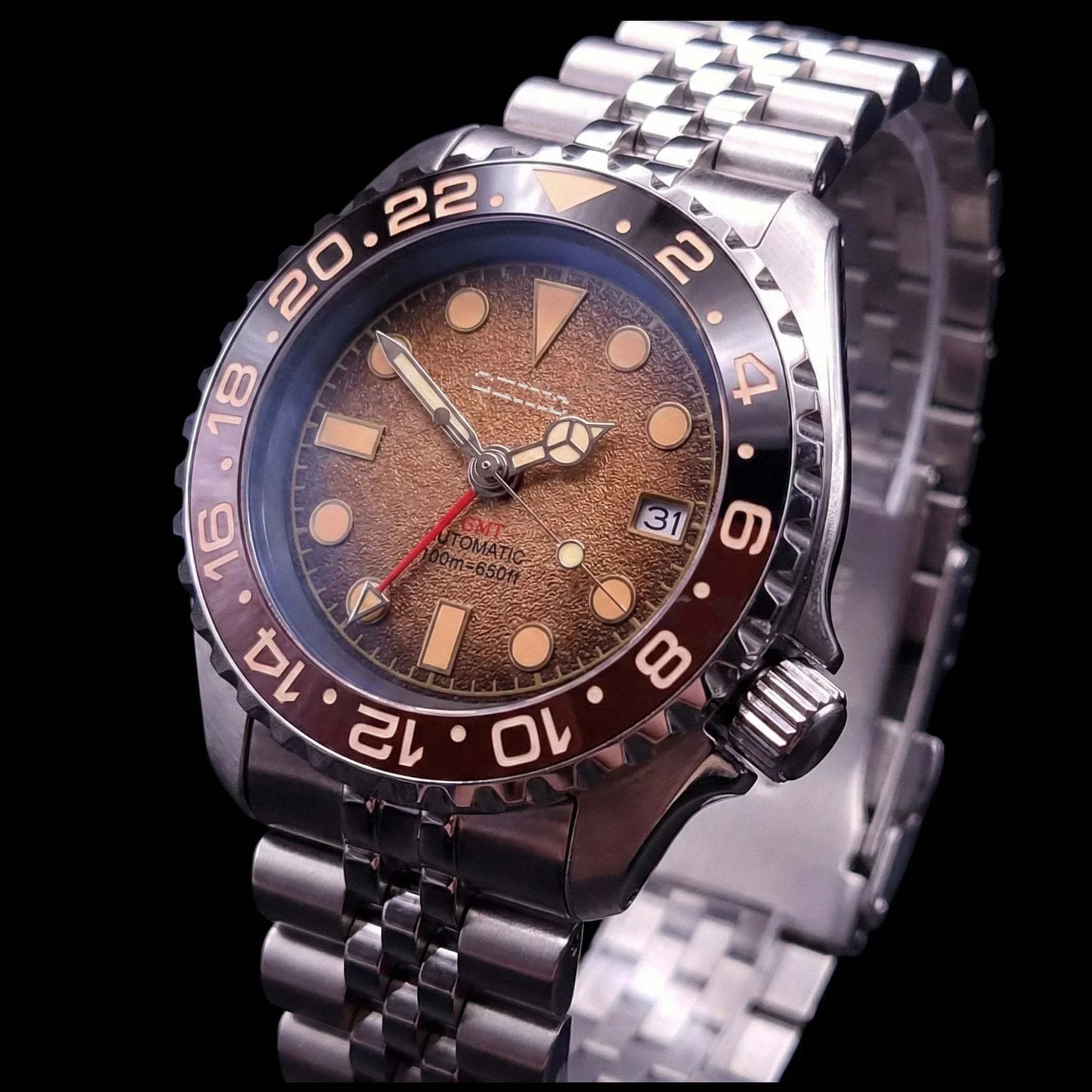 42mm Seiko Mod "Root Beer" GMT diver watch with black brown dial and stainless steel case by Modtime Creations
