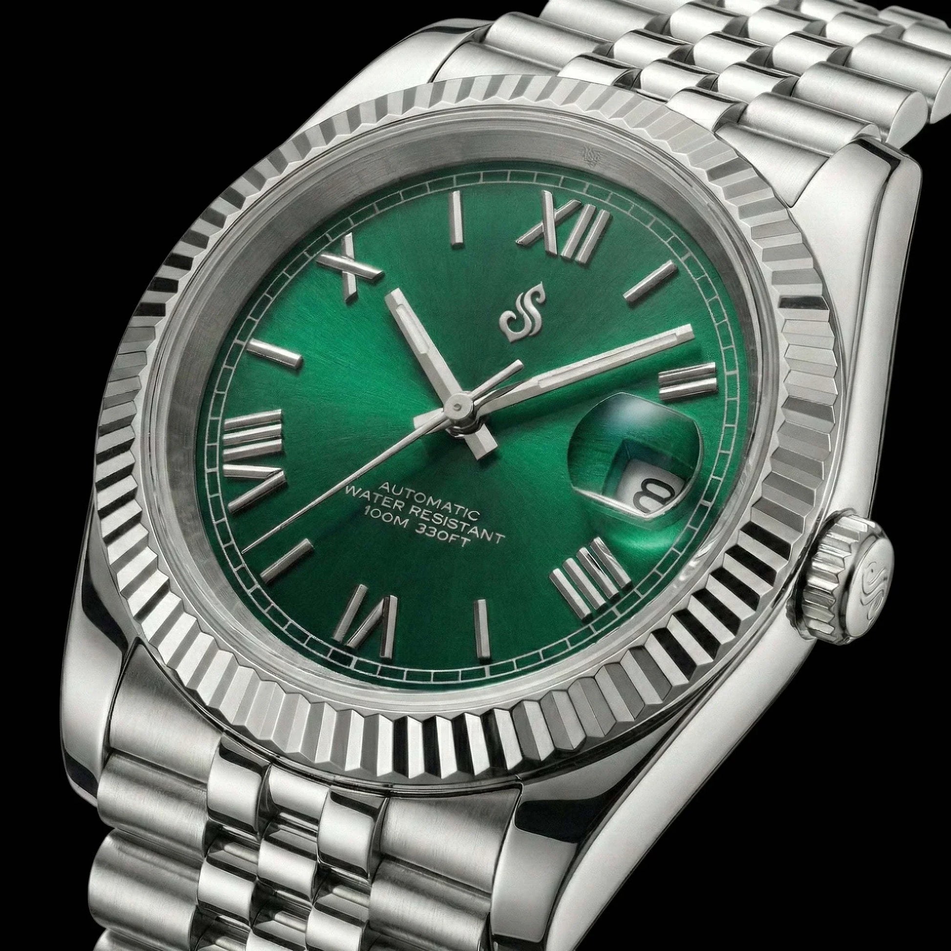 SeikJust Seiko Mod with green dial, Roman numerals, date window, and sapphire crystal case by Modtime Creations