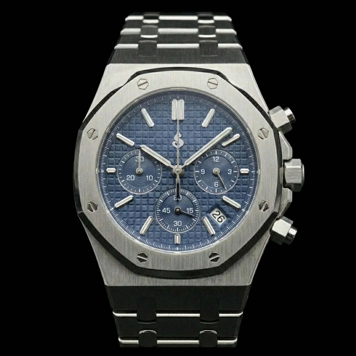 Modded Seiko Heritage Oak chronograph watch with blue dial and stainless steel bracelet
