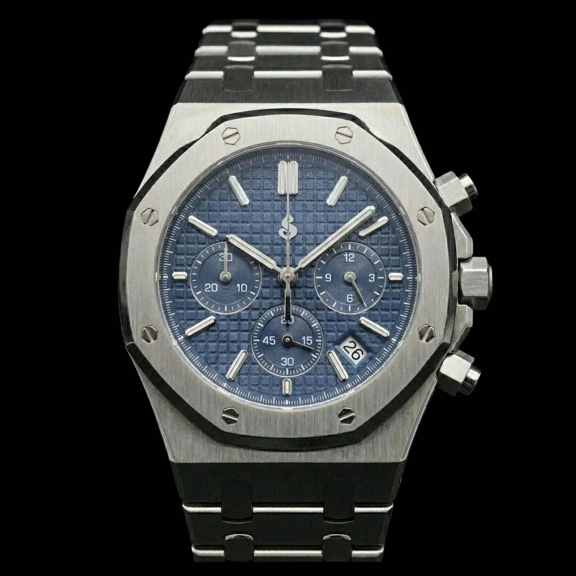 Modded Seiko Heritage Oak chronograph watch with blue dial and stainless steel bracelet