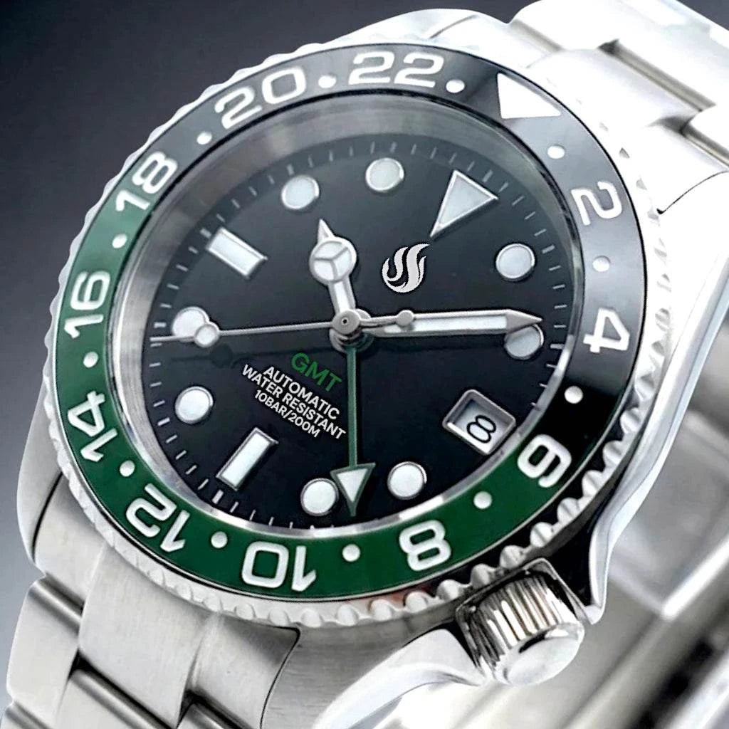 SKX Submariner 42mm Green Black Sprite Seiko Mod diver watch with NH34 GMT movement and sapphire crystal