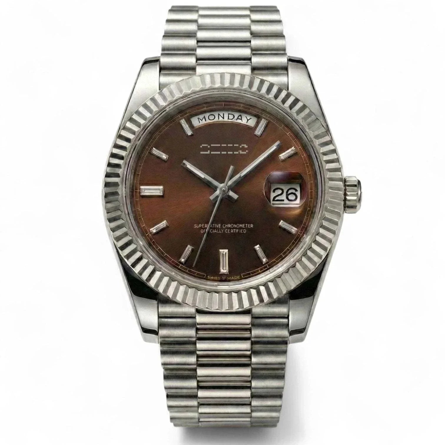 Modded Seiko Day & Date watch with chocolate dial from Modtime Creations Silver Mod Series