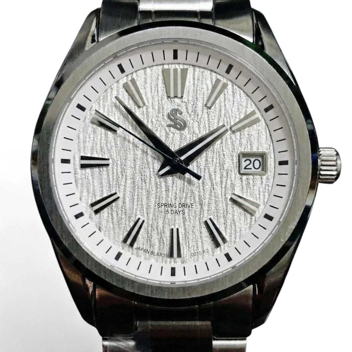 Modded Seiko luxury automatic watch with textured white dial and sapphire crystal by Modtime Creations