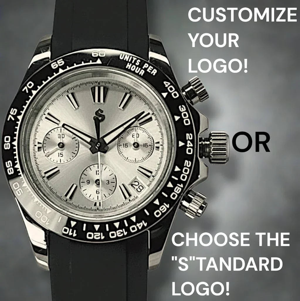 Grand Seitona Seiko mod watch with black and white panda dial, 40mm chronograph, sapphire crystal, and steel bracelet