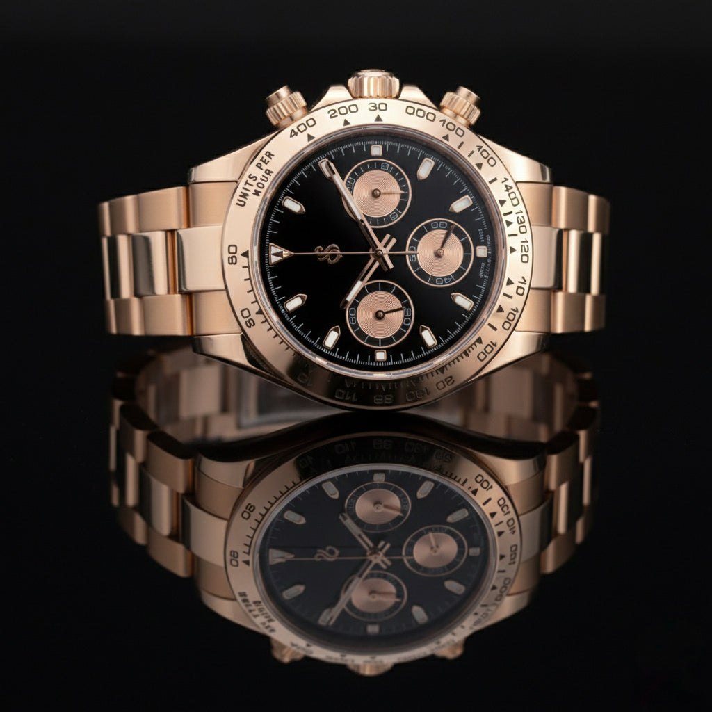 Seitona Rose Gold Black Dial luxury chronograph watch with sapphire crystal and stainless steel bracelet