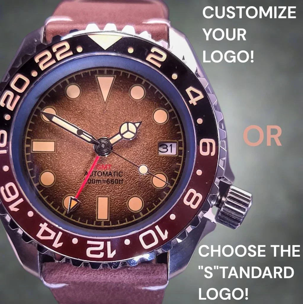 42mm black brown "Root Beer" Seiko Mod GMT diver watch with sapphire crystal and stainless steel case