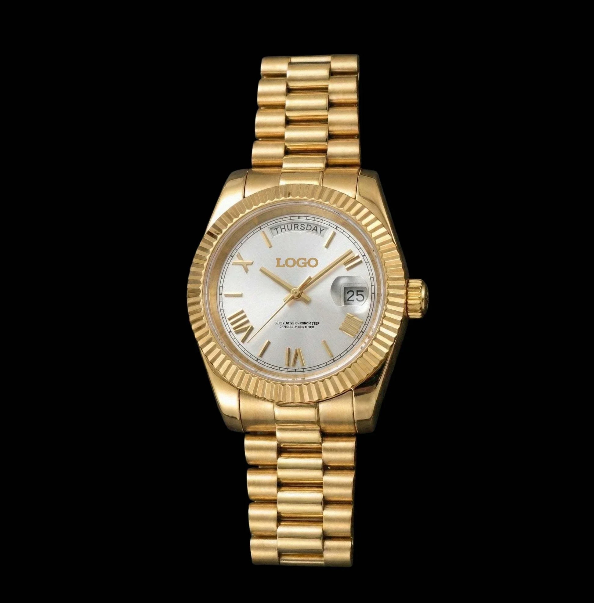 Gold Modtime watch with white Roman numerals day and date dial, Miyota 8285 movement, luxury Seiko mod design