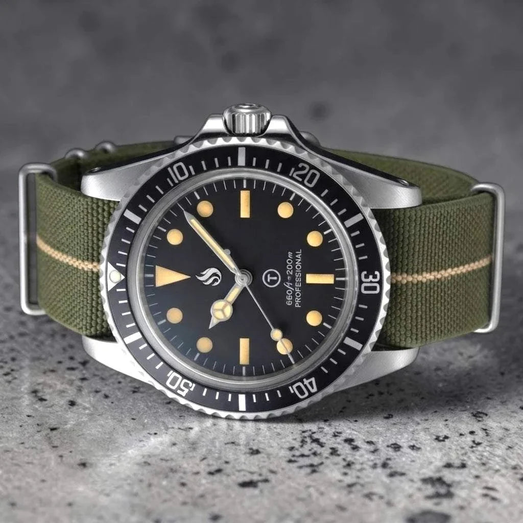 Seiko Mod Submariner Vintage Black Dial Watch with nato strap or stainless steel bracelet by Modtime Creations 