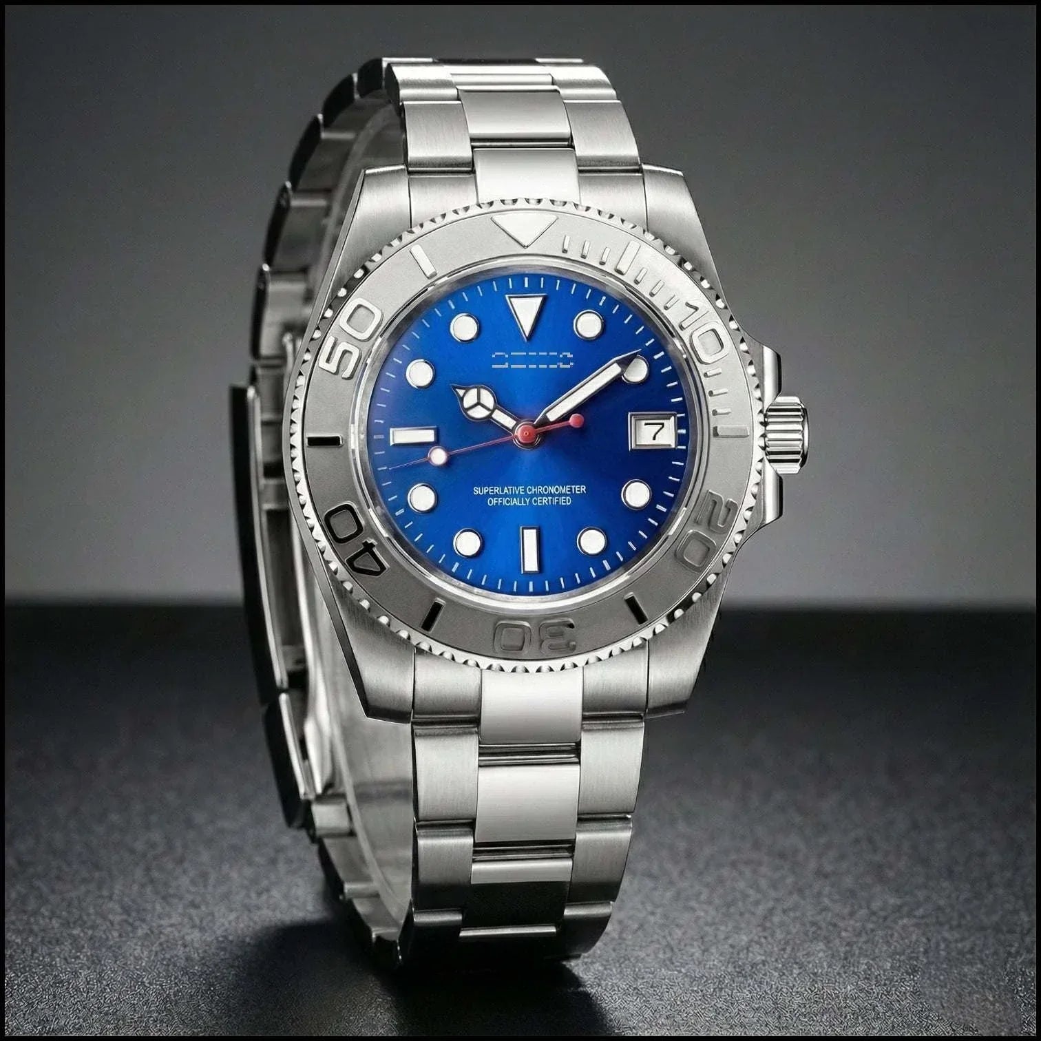 SeikMaster Rhodium Blue Sea luxury modded Seiko diver watch with blue dial and stainless steel bracelet