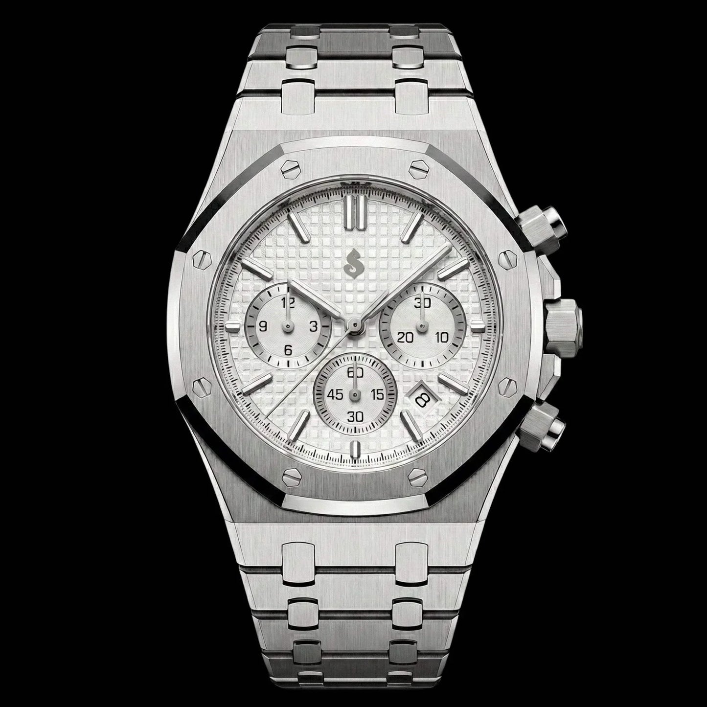 Heritage Oak Modded Seiko chronograph wristwatch with white dial and stainless steel bracelet