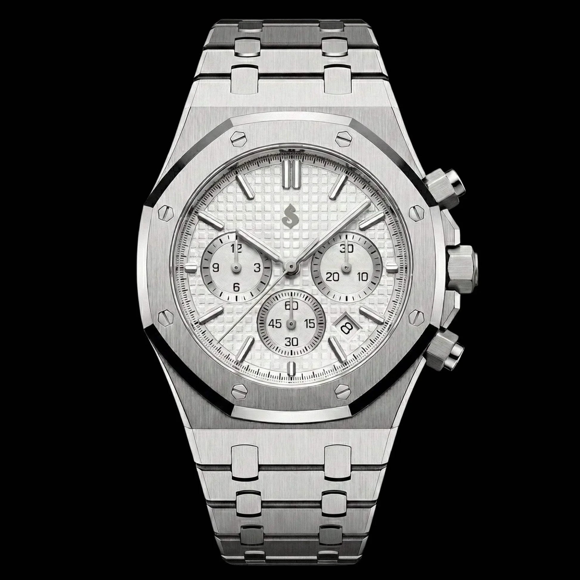 Heritage Oak Modded Seiko chronograph wristwatch with white dial and stainless steel bracelet