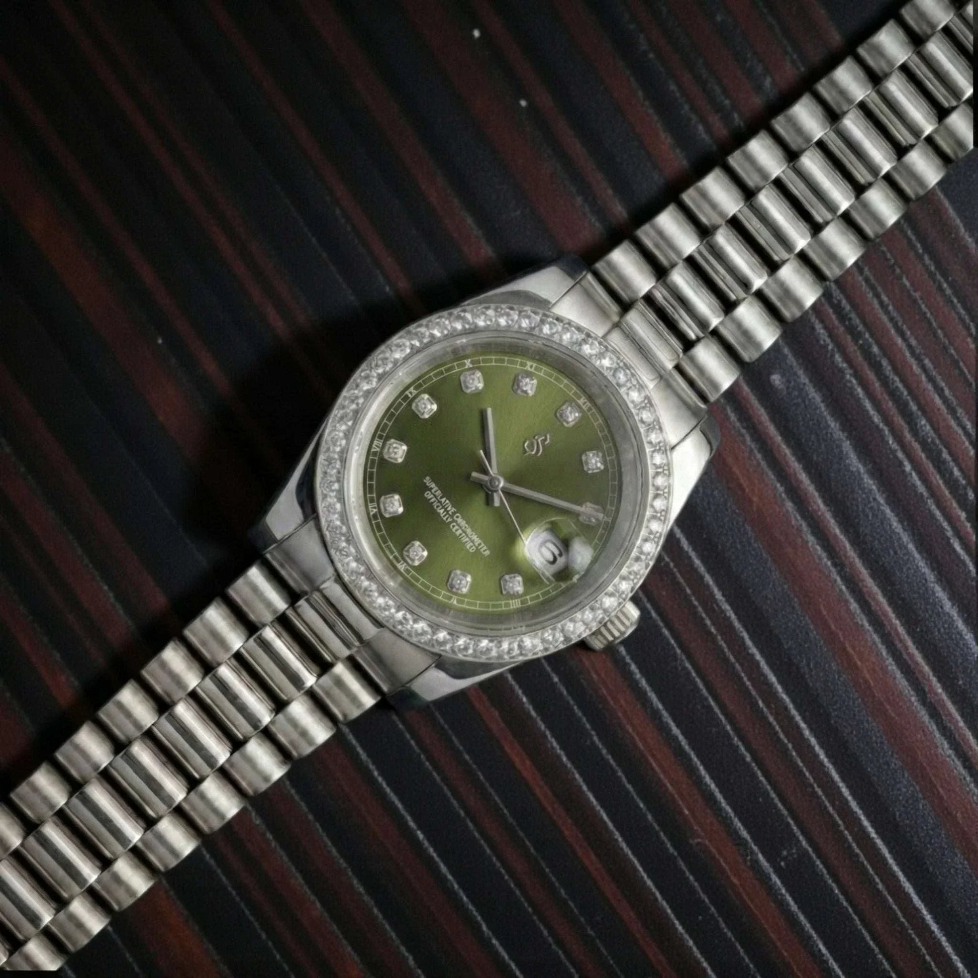Seiko Mod luxury watch with olive green gem dial and bling bezel by Modtime Creations