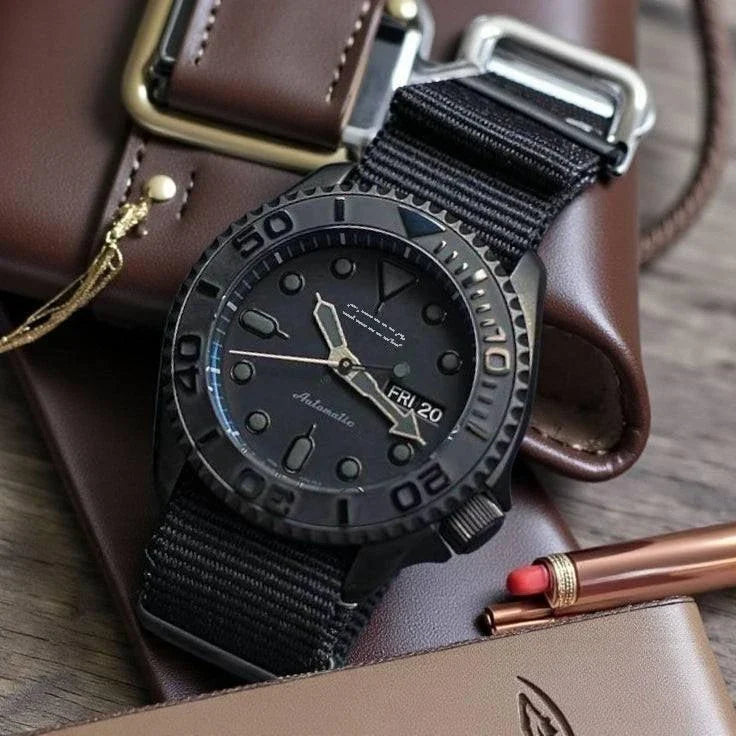 SeikMaster Black Stealth Diver Mod watch with Japanese automatic movement and sapphire crystal by Modtime Creations