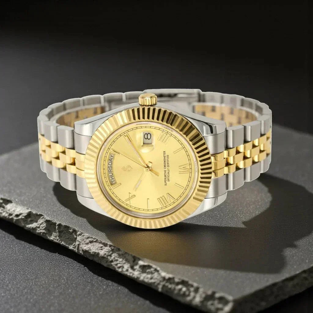 Seiko mod luxury watch with gold Roman numerals and two-tone case from Modtime Creations