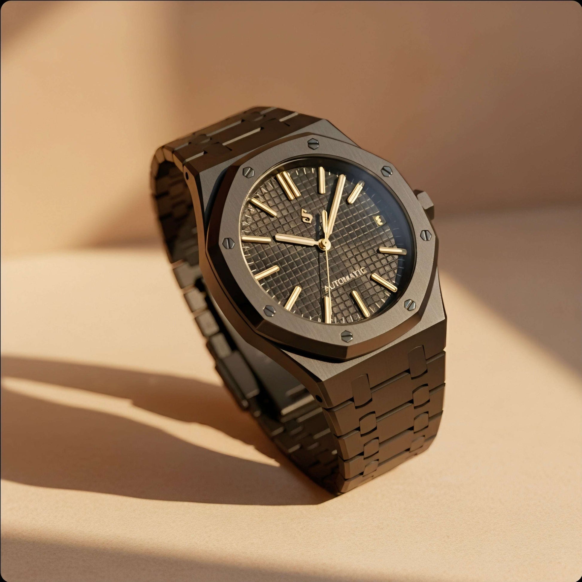 SeiOak Black Dial Seiko Mod luxury watch with stainless steel case and sapphire crystal by Modtime Creations