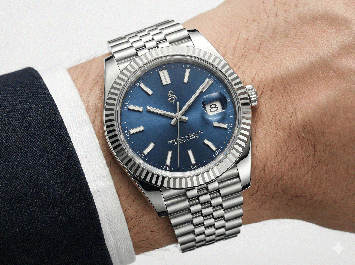 SeikJust silver blue dial Seiko mod watch with NH35 movement and date window by Modtime Creations