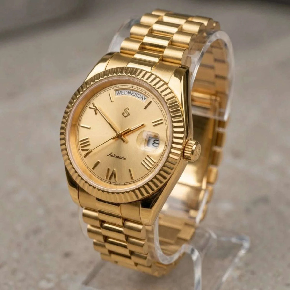 Gold Day & Date Roman Numerals Dial Mod Watch - Modtime Creations
