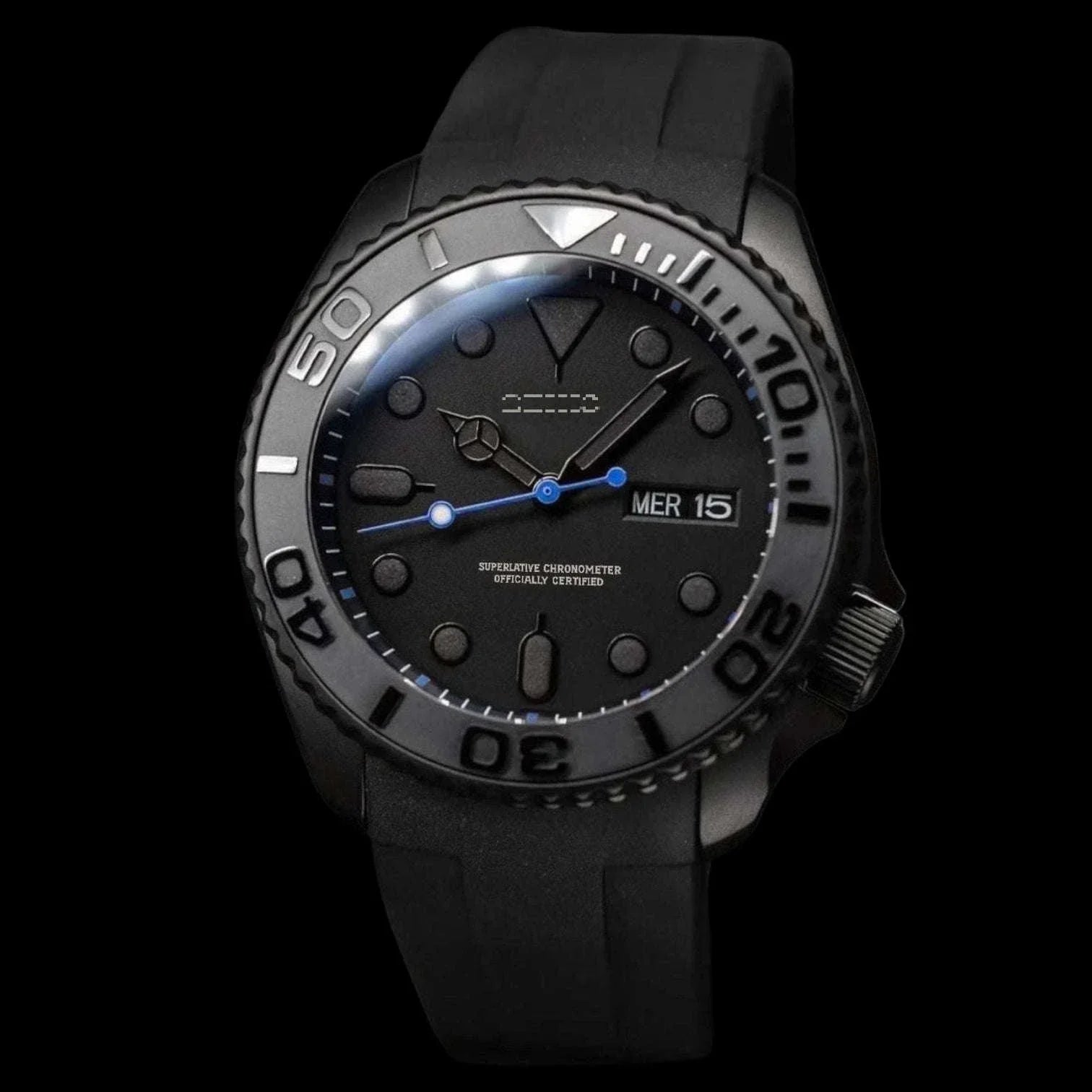 SeikMaster Black Stealth Seiko Mod luxury diver watch with sapphire crystal and Japanese NH36 automatic movement