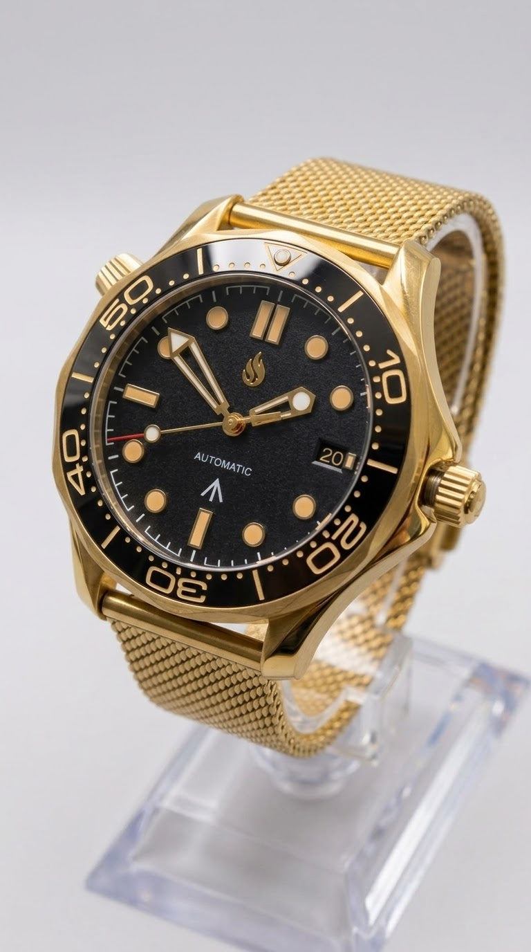 Black Dial Black Gold Bezel 007 Master Mod Watch - Modtime Creations