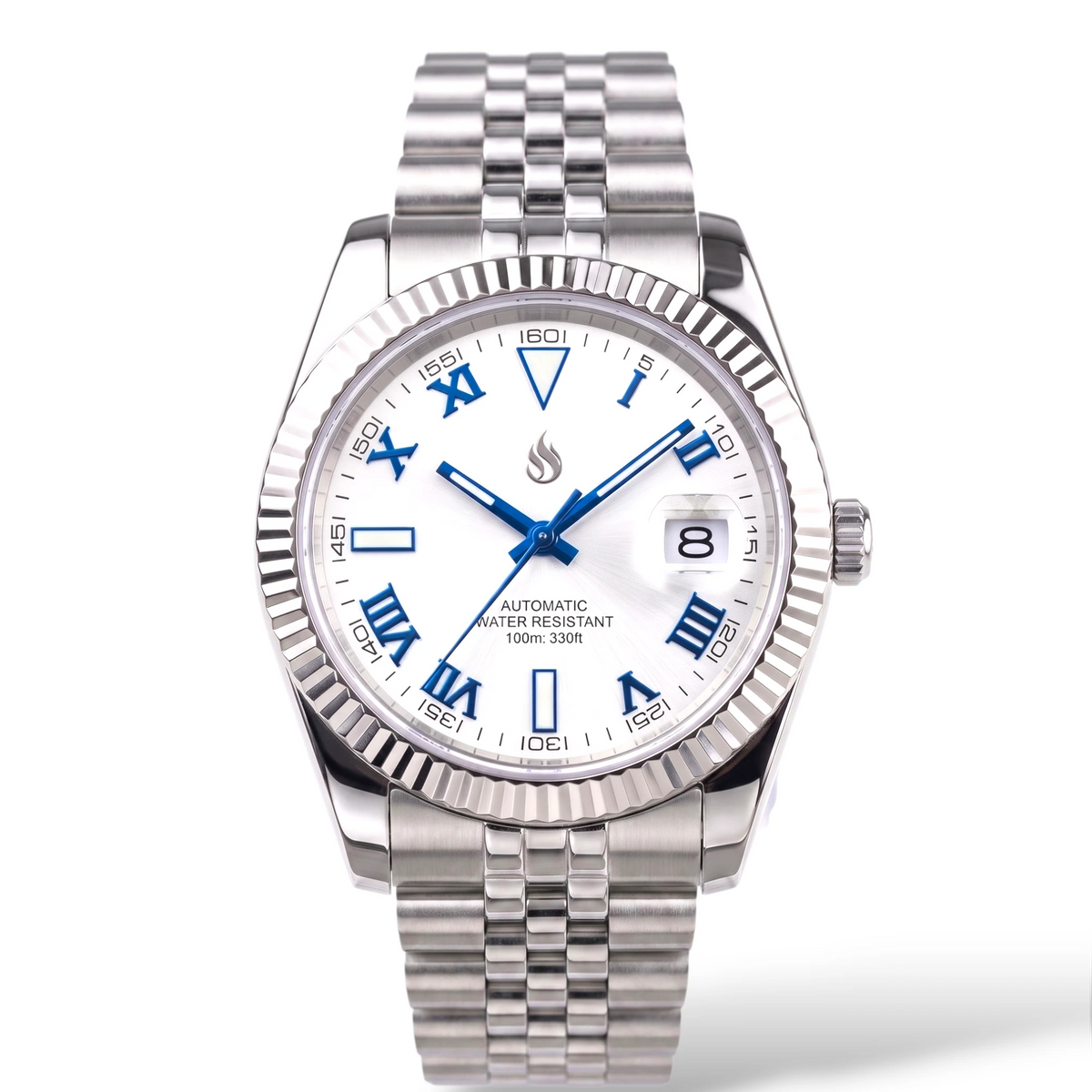 SeikJust Date Window White Blue Roman Numeral Dial Mod Watch - Modtime Creations